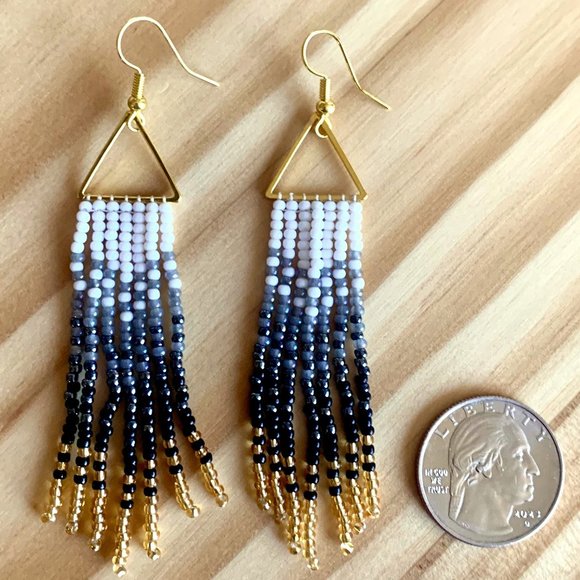 Gradient Colors Gold Triangle Body Hand Beaded Seed Bead Tassel Dangle Earrings - Picture 15 of 15